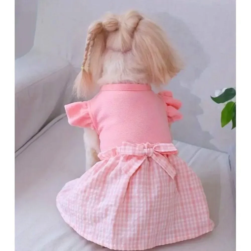 Pink Plaid Bow‎ Ruffles Dog Pet Cat XS Dress NWOT